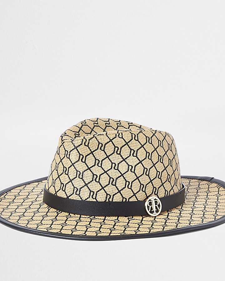 Beige RI monogram structured straw hat