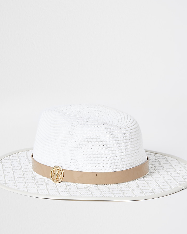 White RI monogram structured straw hat
