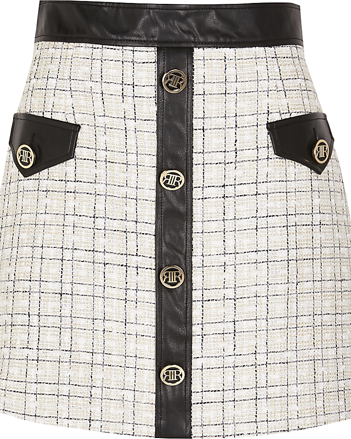 Cream faux leather check mini skirt