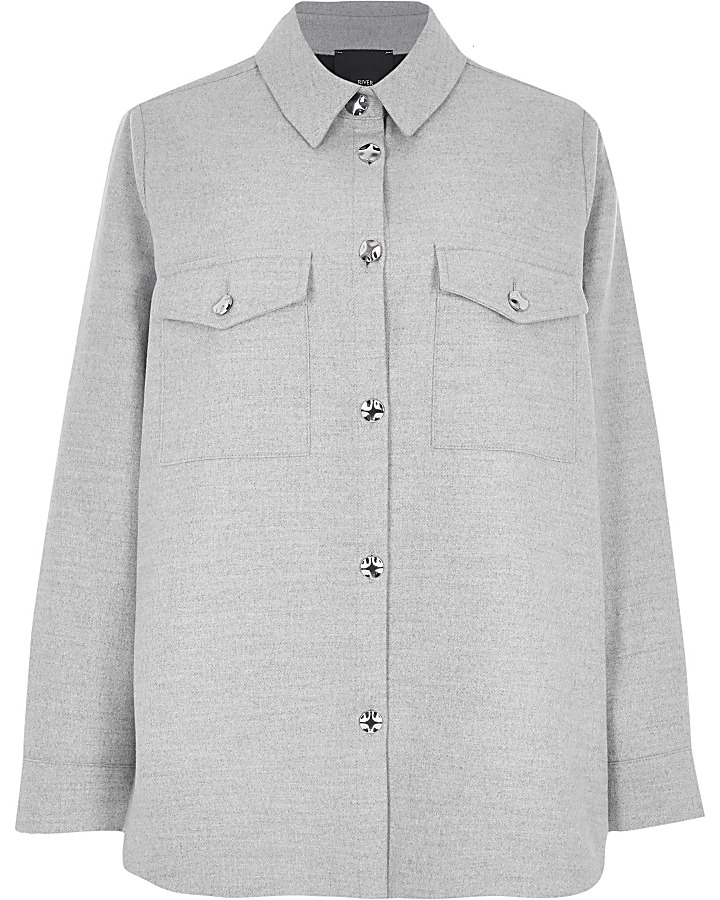 Grey button detail long sleeve shacket