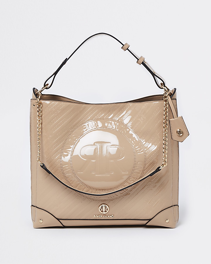 Beige RI patent embossed slouch bag