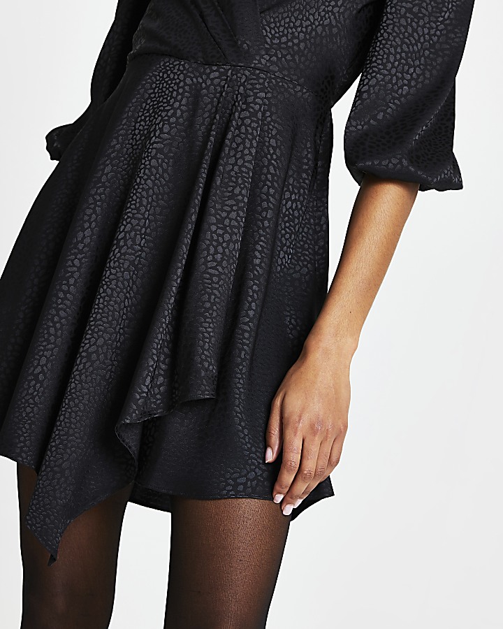 Black jacquard mini wrap long sleeve dress