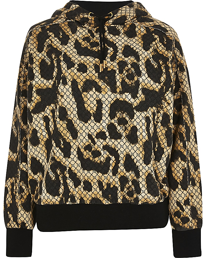 Brown RI monogram leopard print hoodie