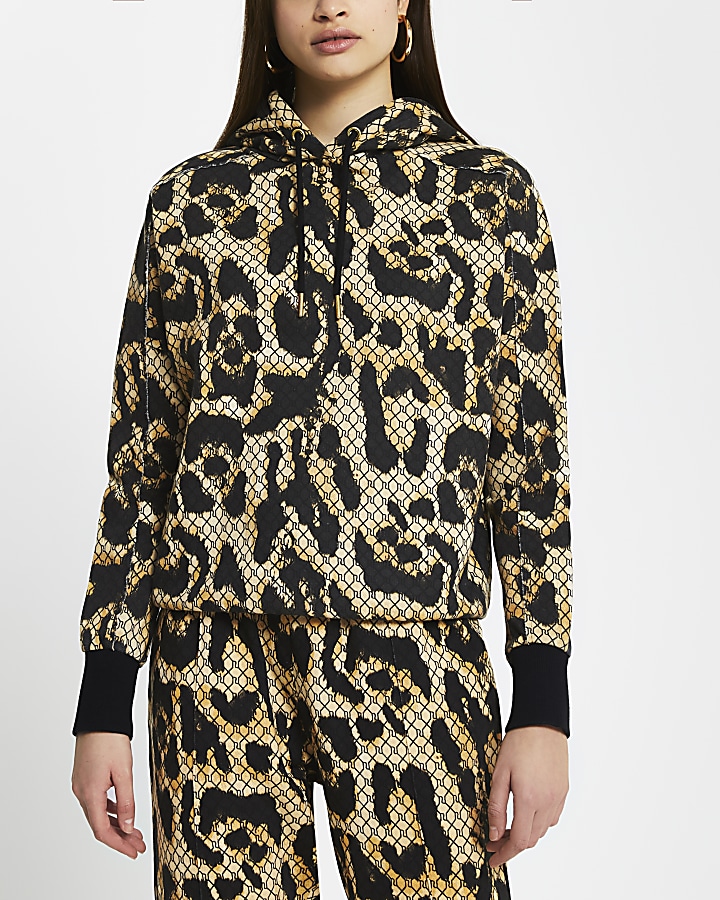 Brown RI monogram leopard print hoodie