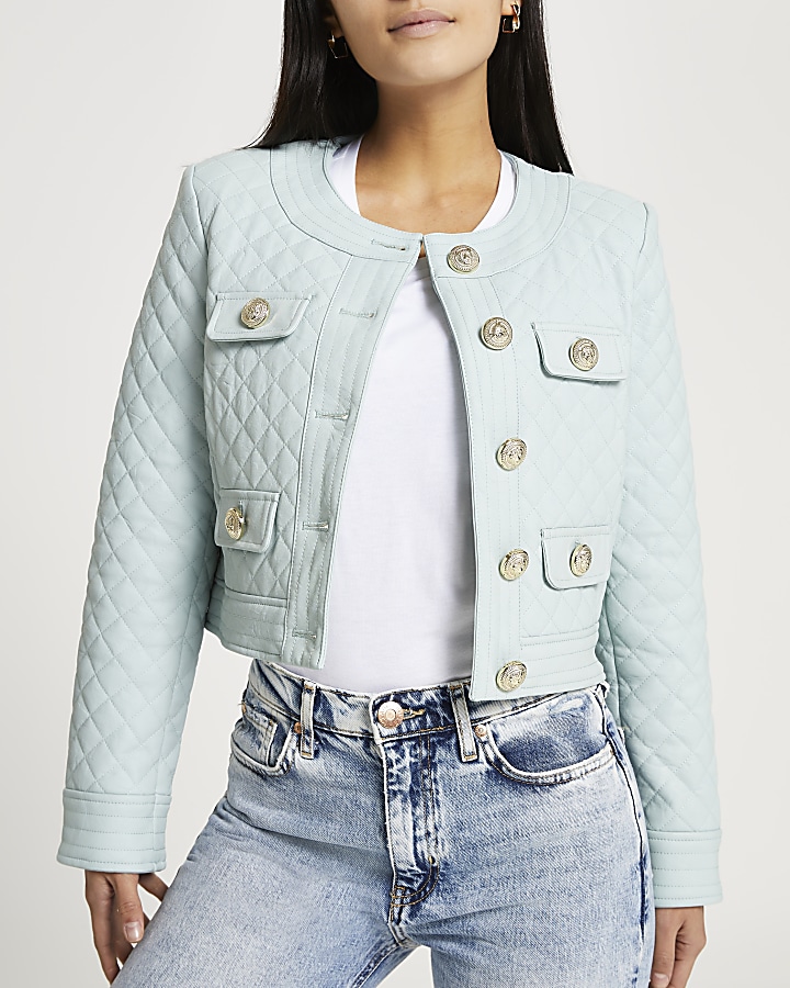 Petite green faux leather quilted jacket
