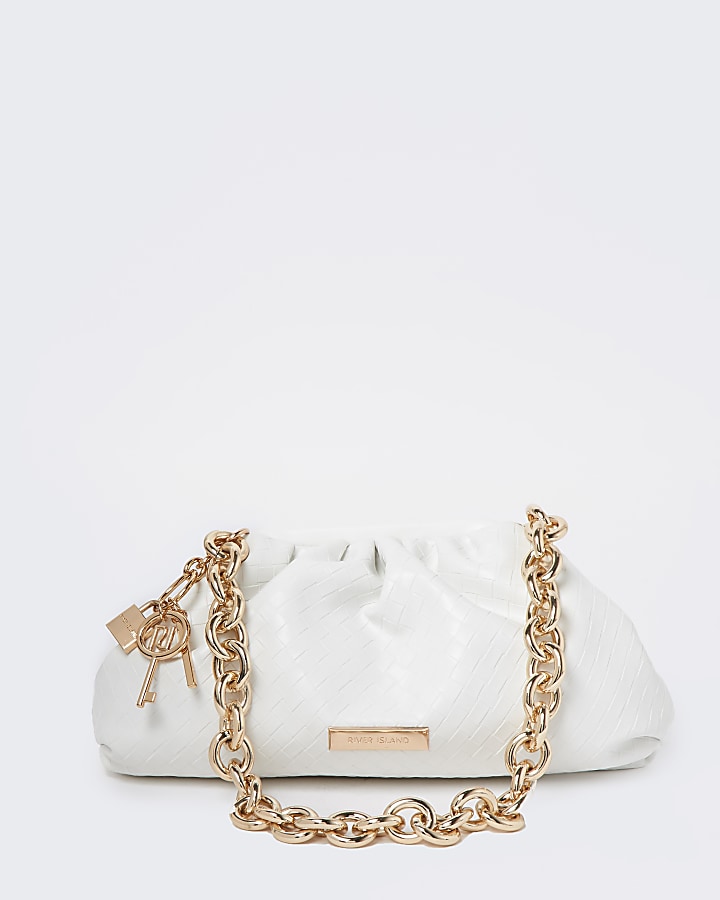 White weave chunky chain ruched bag