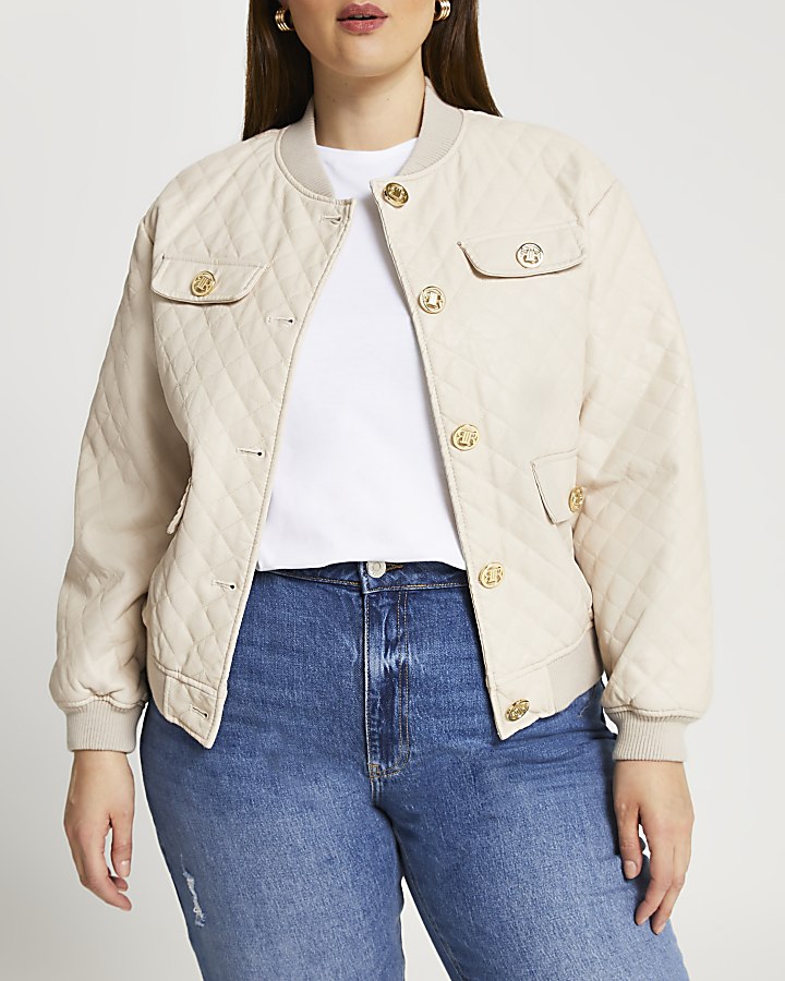 Plus stone faux leather quilted bomber