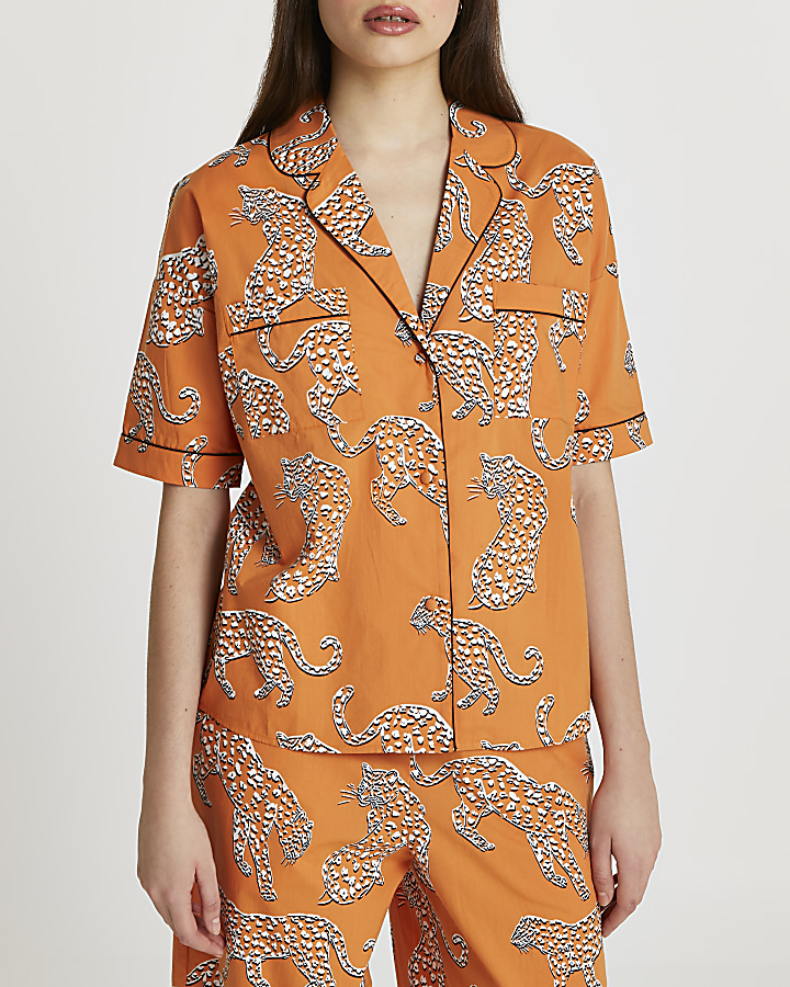 Orange leopard printed pyjama shirt