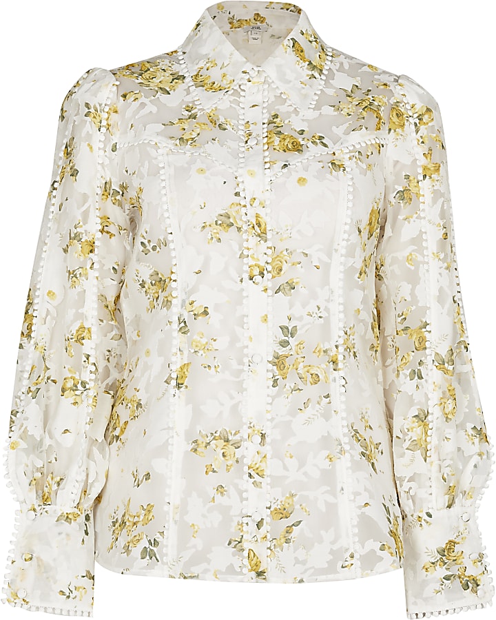 White and yellow floral print organza shirt