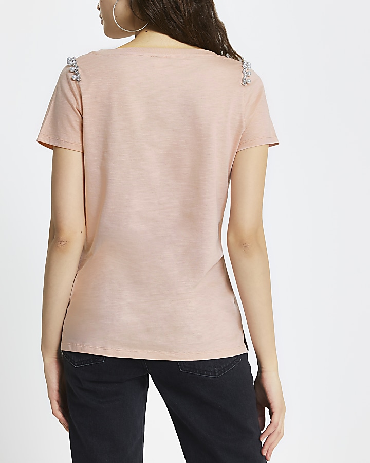 Pink v neck pearl embellished print t-shirt