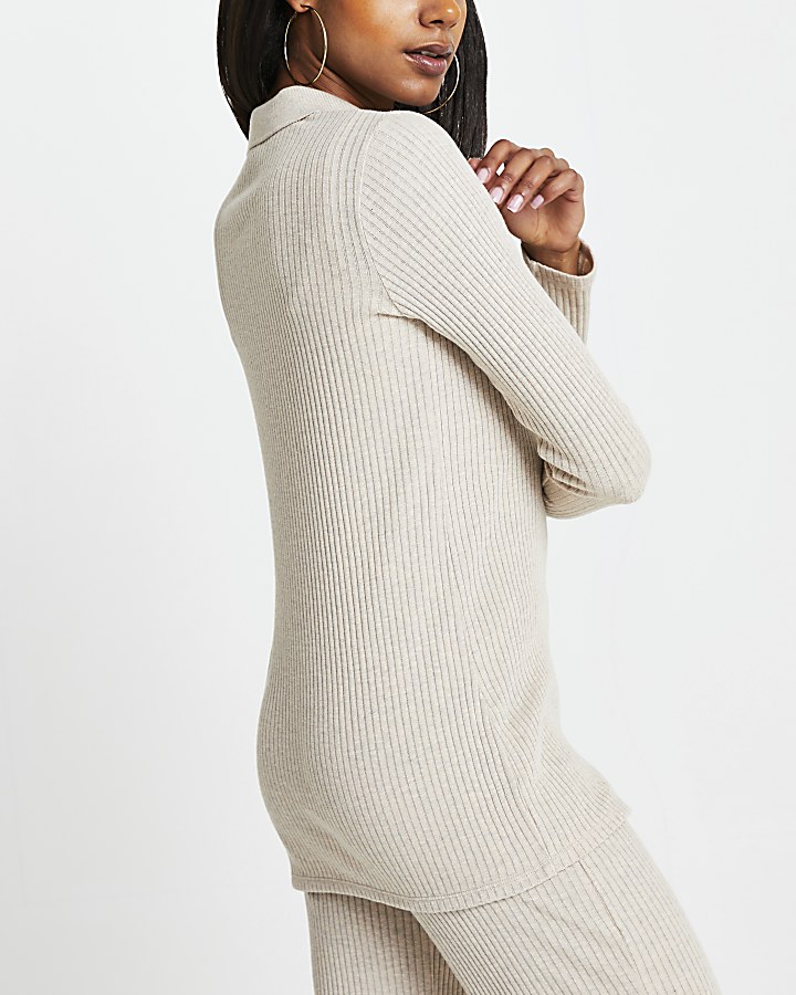 Beige ribbed button front cardigan