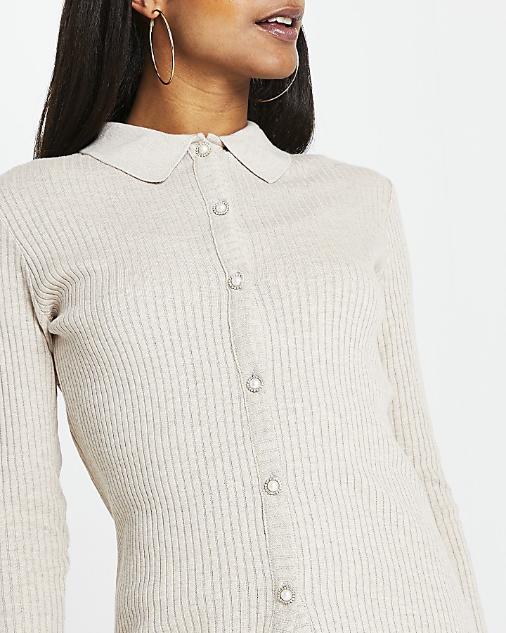 Beige ribbed button front cardigan