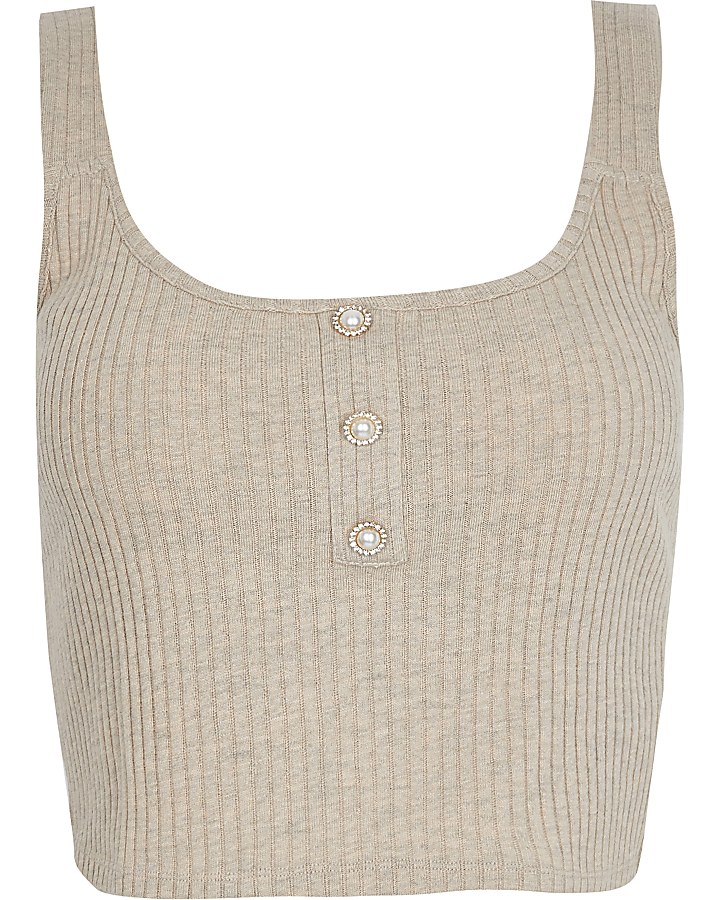 Beige ribbed button front cami top
