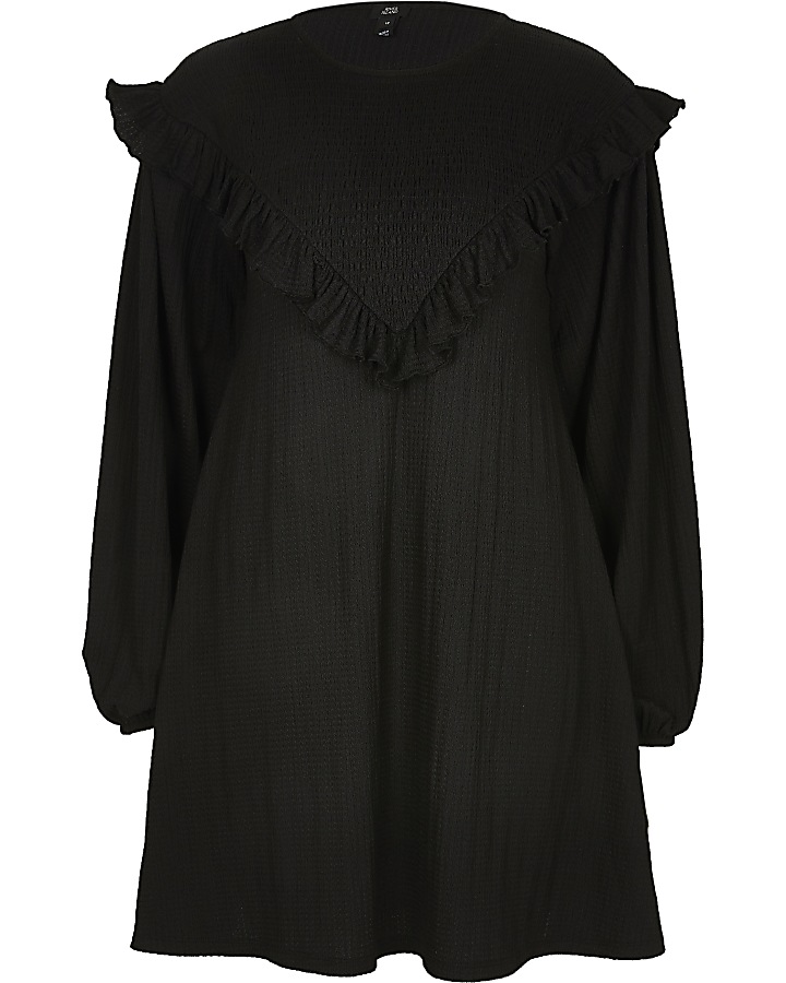 Black shirred frill long sleeve mini dress