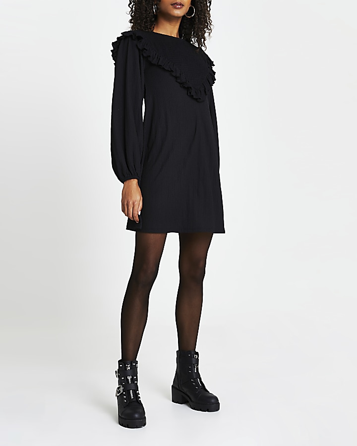 Black shirred frill long sleeve mini dress