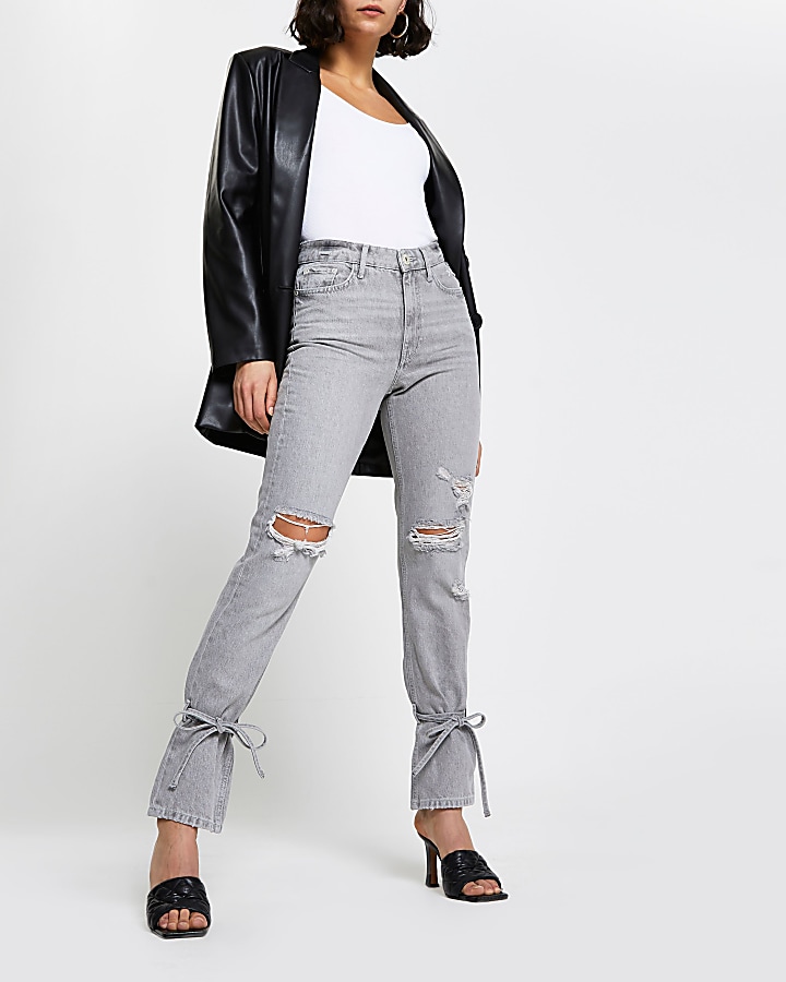 Grey ripped high waisted slim fit jean