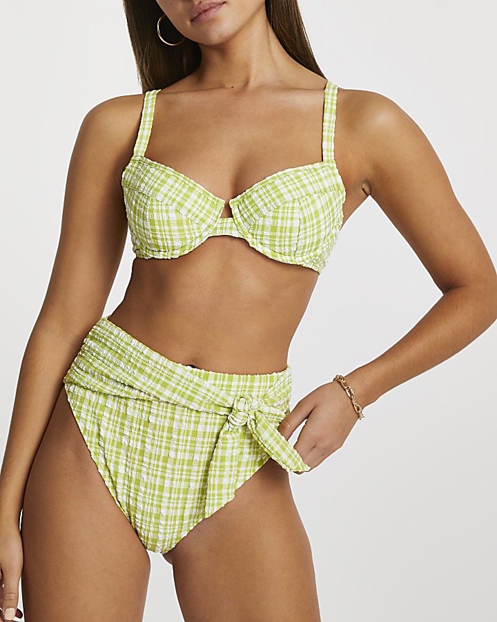 Lime gingham high waisted bikini bottoms