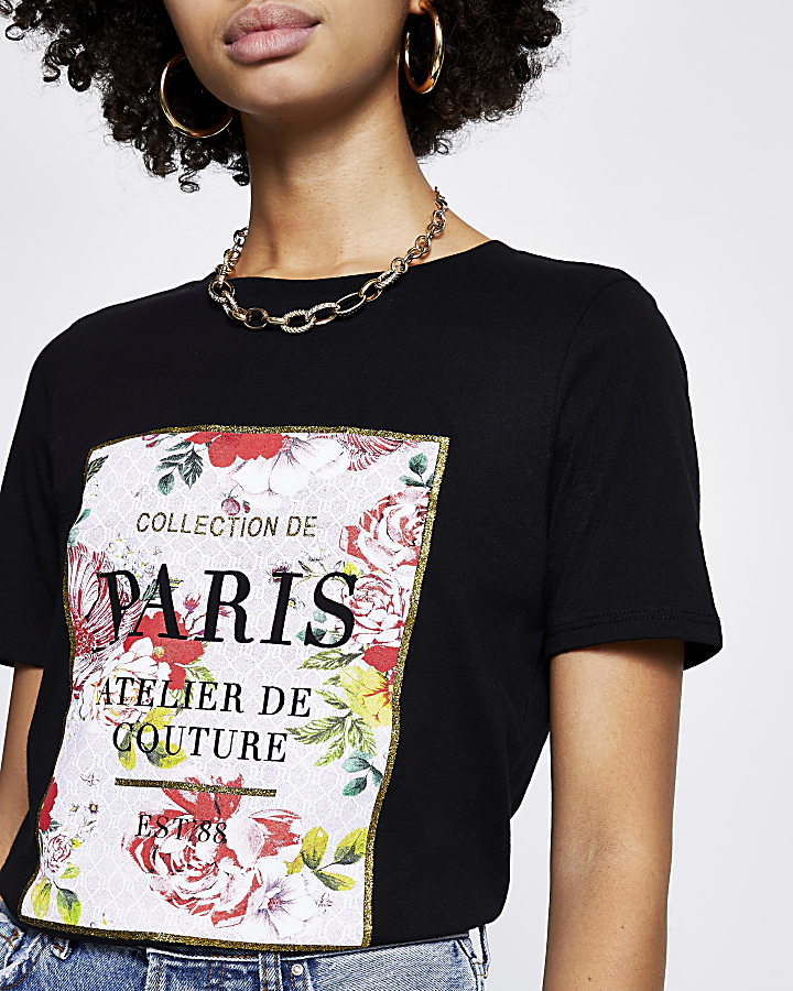 Black 'Paris' floral short sleeve t-shirt