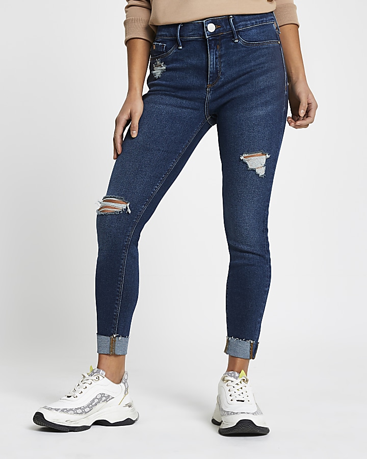 Petite Blue molly ripped mid rise jeans
