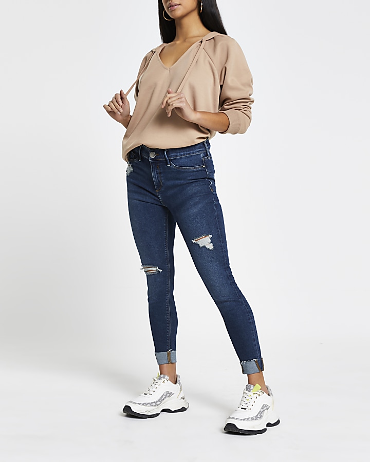Petite Blue molly ripped mid rise jeans