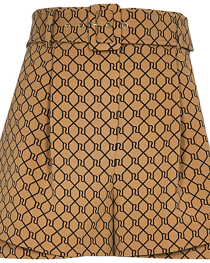 Brown RI monogram belted shorts