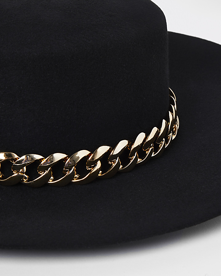 Black gold chain trim fedora hat