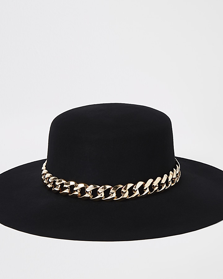 Black gold chain trim fedora hat
