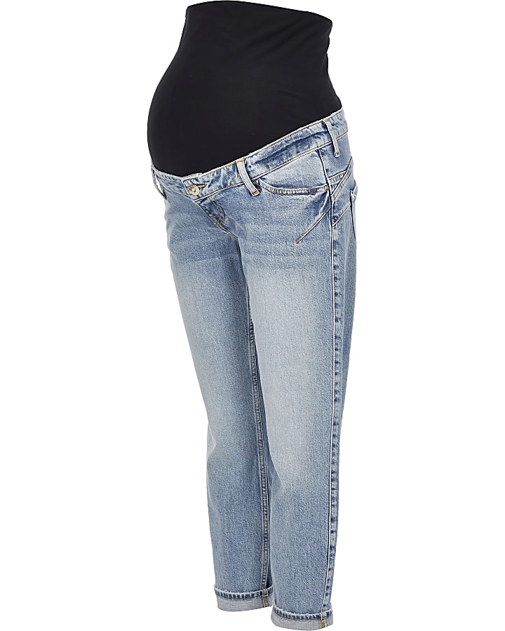 Blue mid rise maternity mom jeans