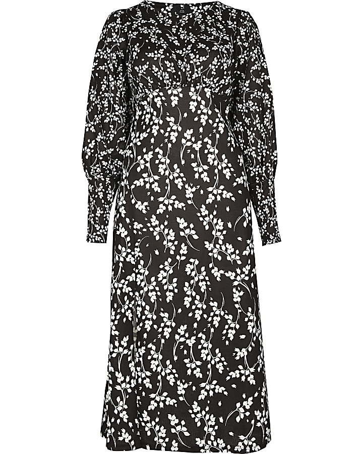 Black floral long sleeve midi split dress