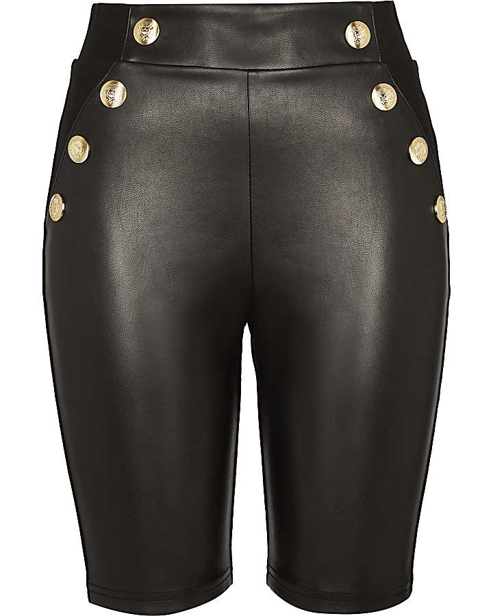 Black faux leather gold button cycling shorts