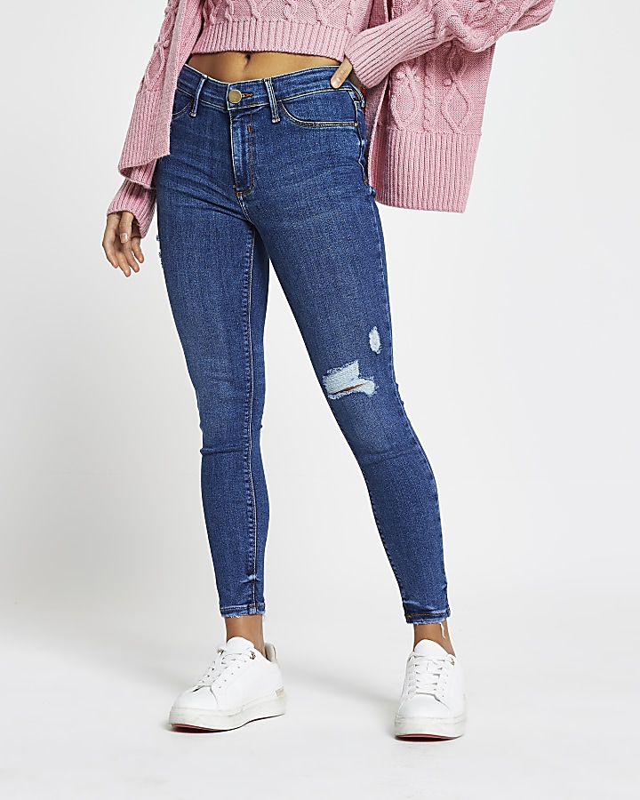 Petite Blue Molly Ripped Mid Rise Skinny Jean
