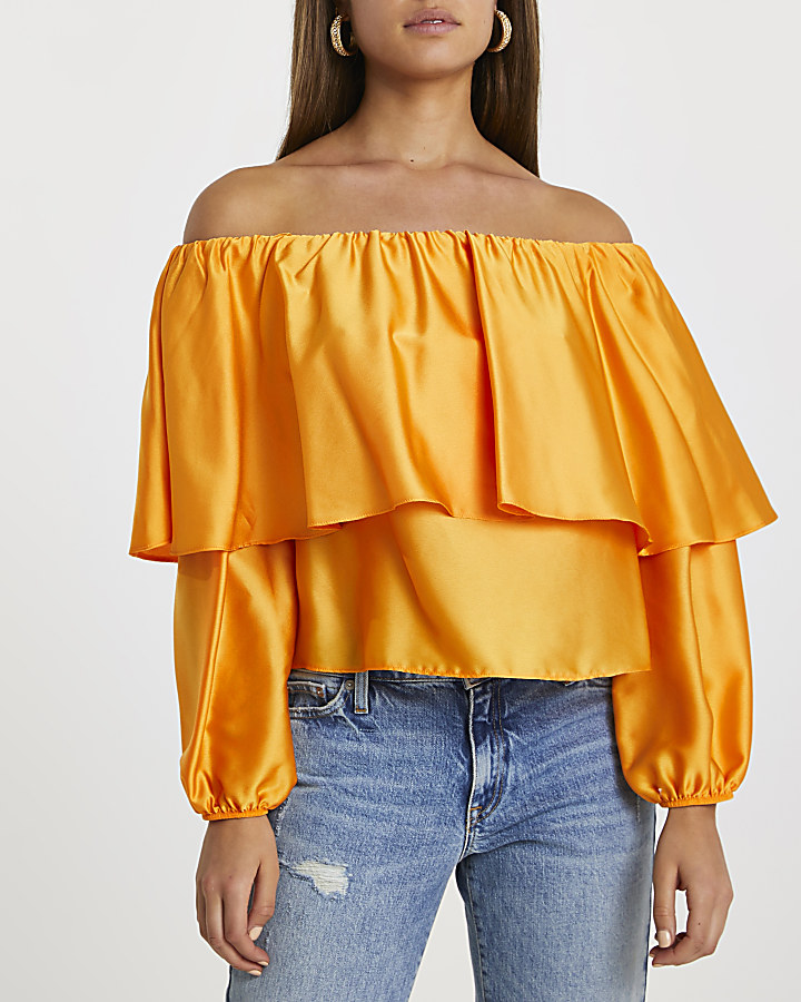 Orange long sleeve frill overlay bardot top