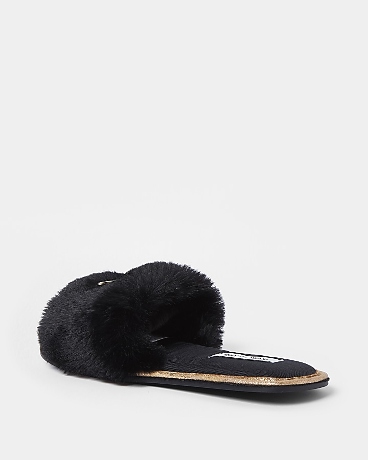 Black RI faux fur open toe slippers