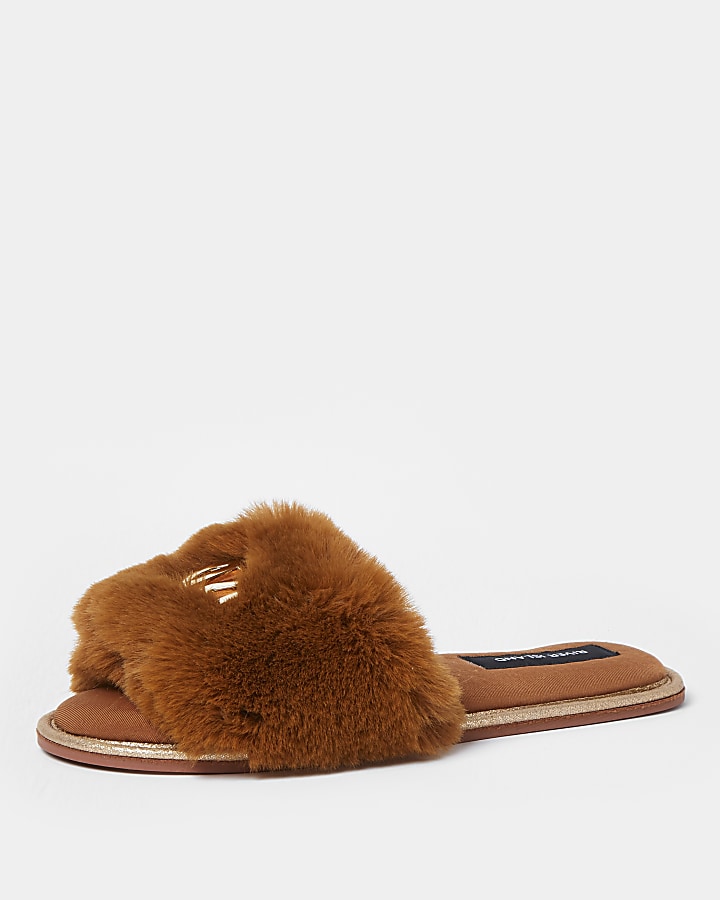 Brown RI faux fur open toe slippers