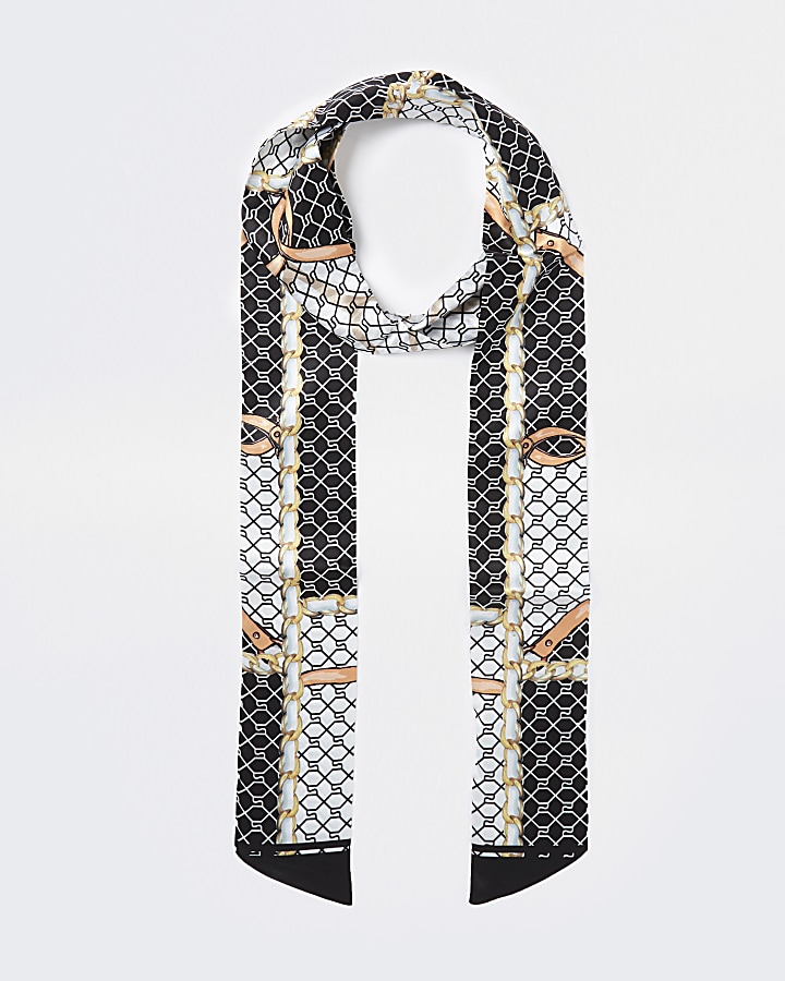 Black RI monogram chain print skinny scarf