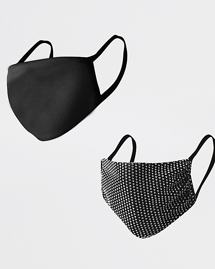 Black mesh diamante face covering pack of 2