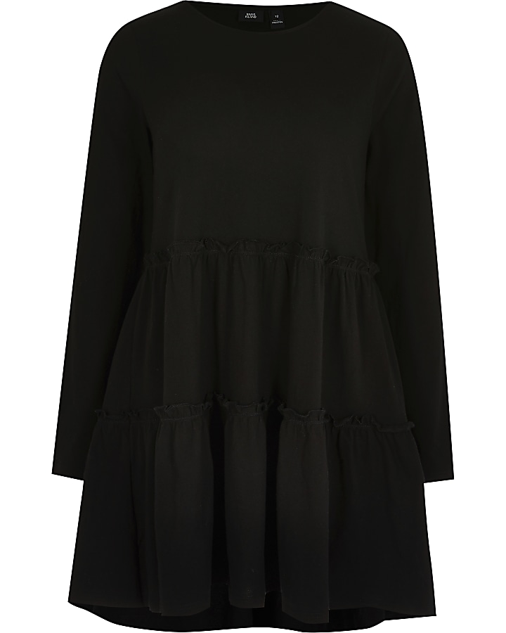 Black tiered smock long sleeve mini dress