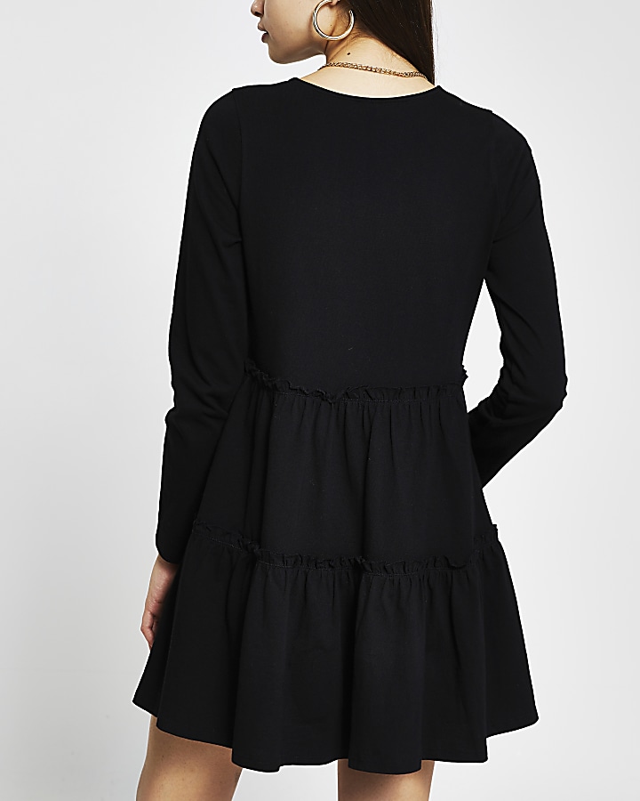 Black tiered smock long sleeve mini dress