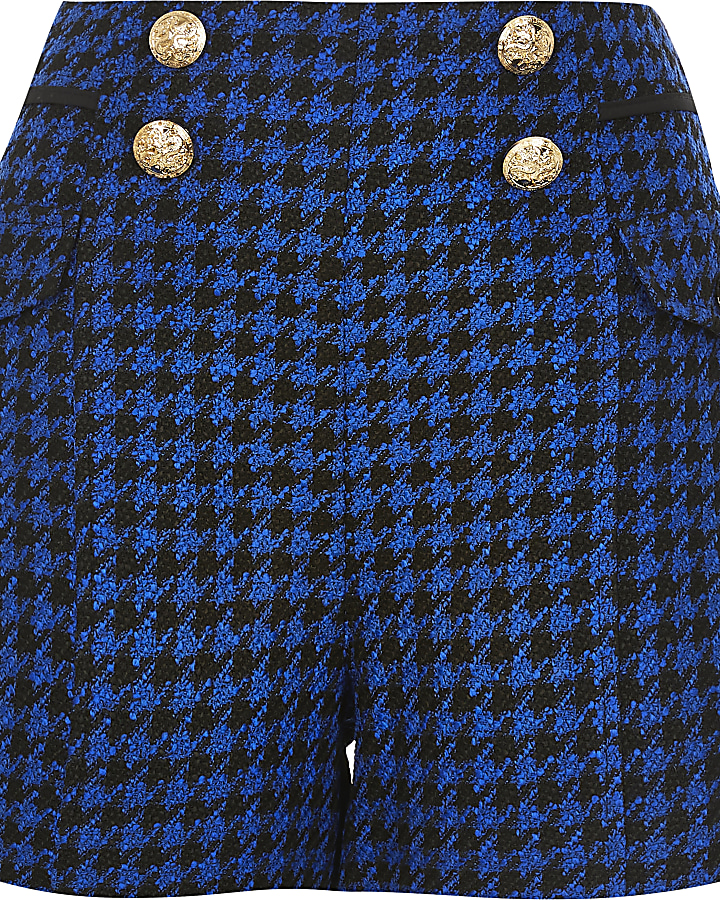 Blue dogtooth boucle button shorts