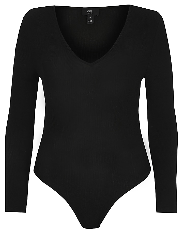 Petite black v neck shoulder pad bodysuit