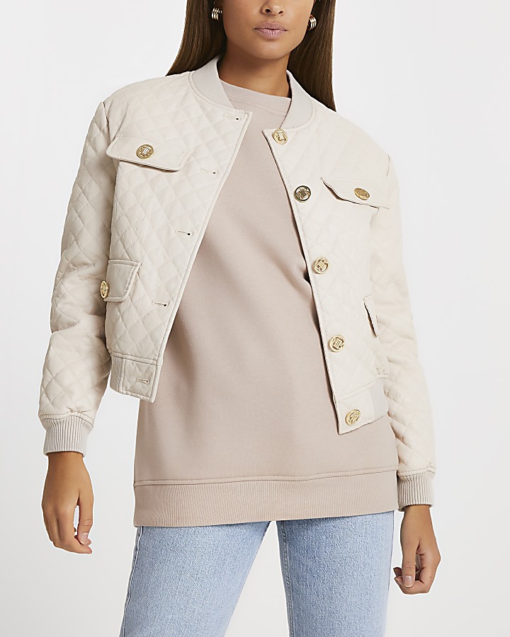 Stone faux leather diamond quilted bomber