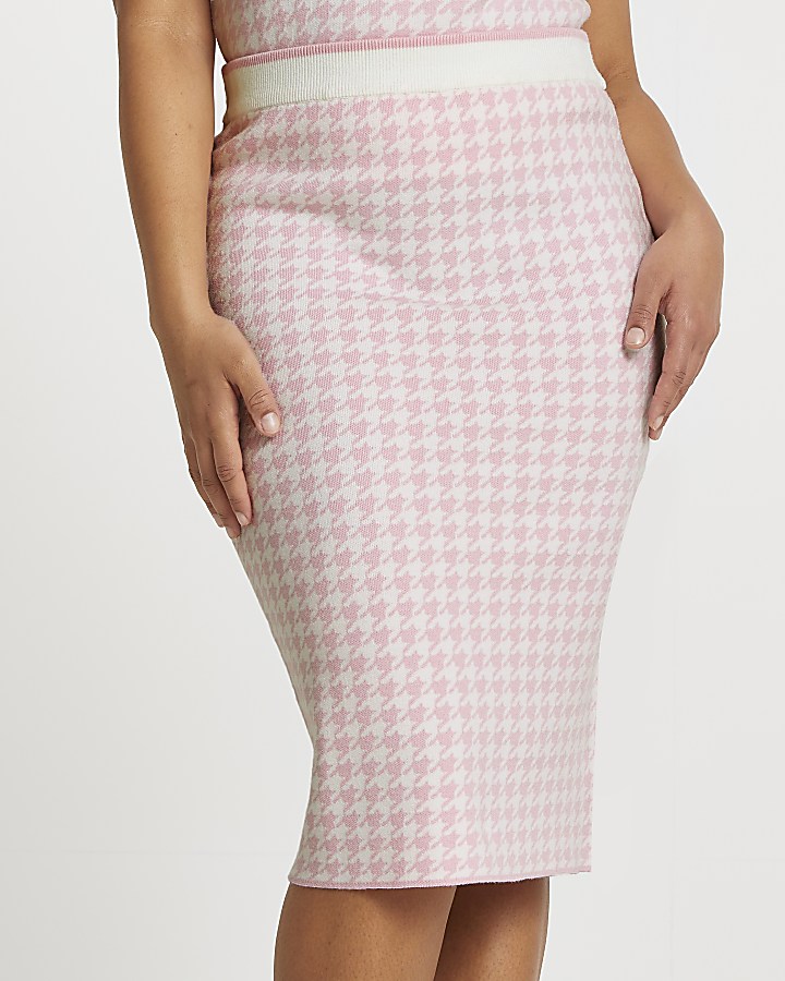 Plus pink dogtooth knitted midi skirt