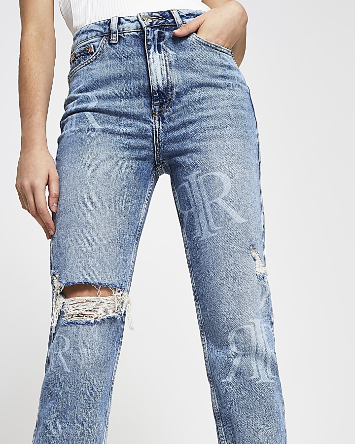 Blue ripped high waisted mom jean