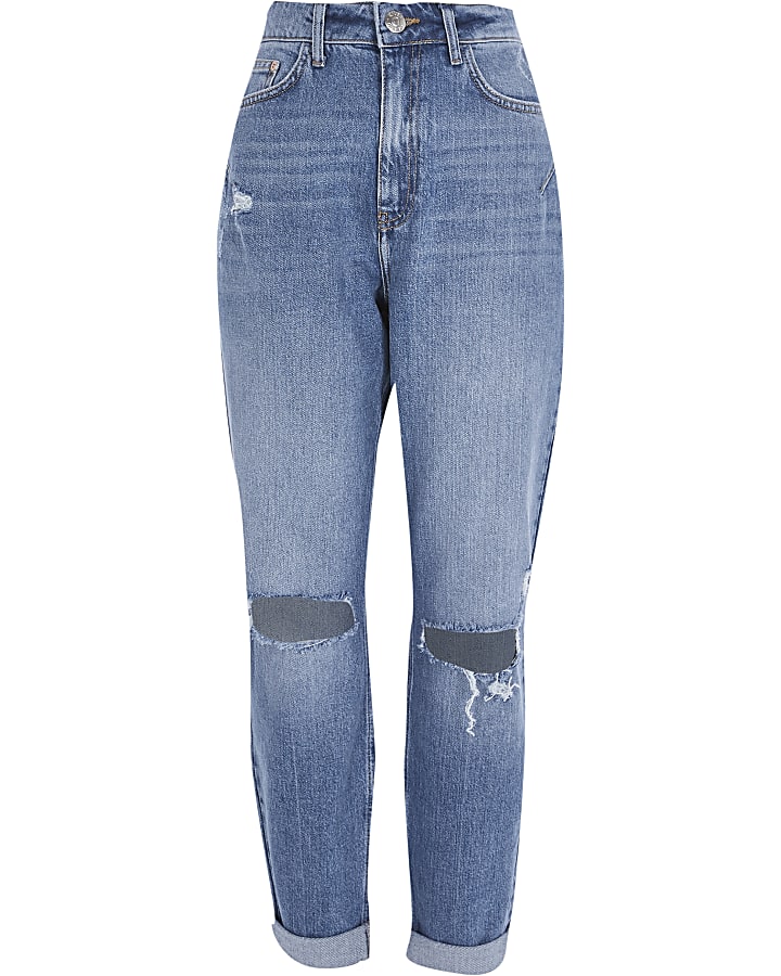 Blue ripped high waisted mom jean
