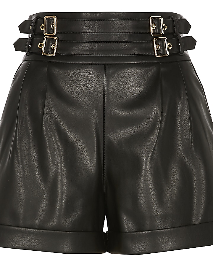 Petite black faux leather paperbag shorts