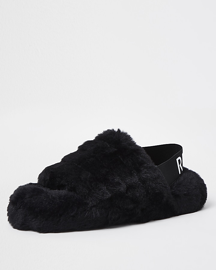 Black RI faux fur slippers