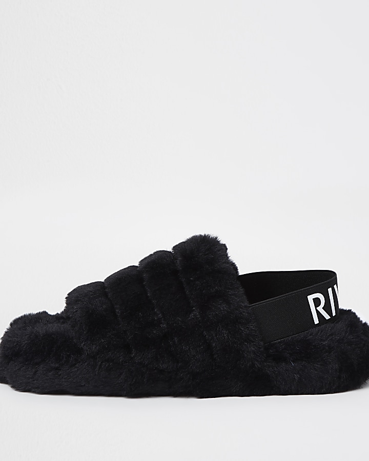 Black RI faux fur slippers