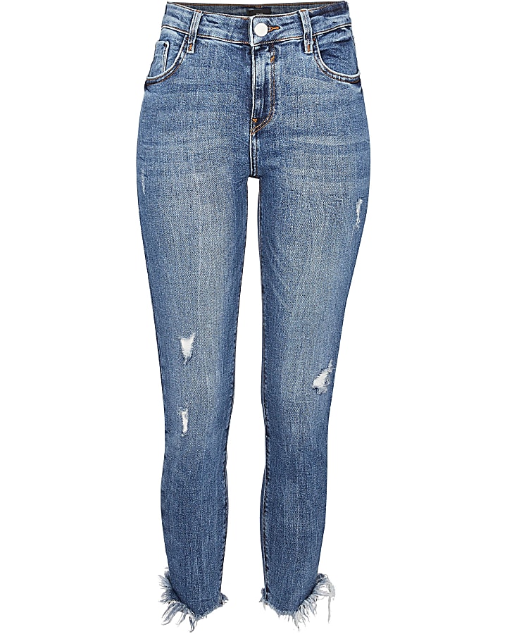 Blue ripped mid rise skinny jeans