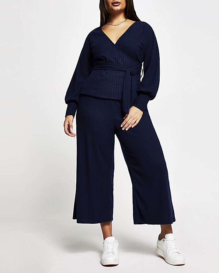 Plus navy belted ribbed culottes