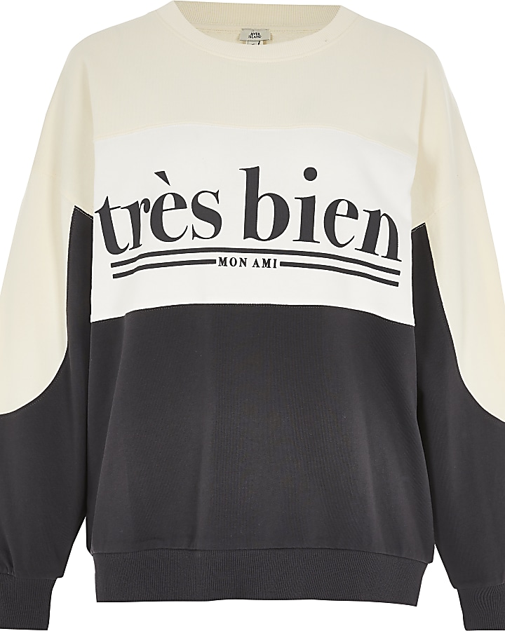Cream 'Tres Bien' colour block sweatshirt